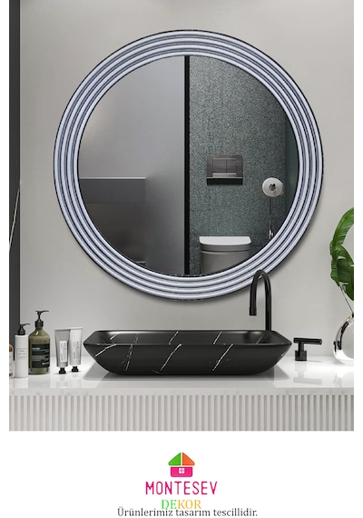 Zümrüt Ahşap Gümüş Yuvarlak Ayna Işlemeli Duvar Banyo Aynası 43cm Gümüş