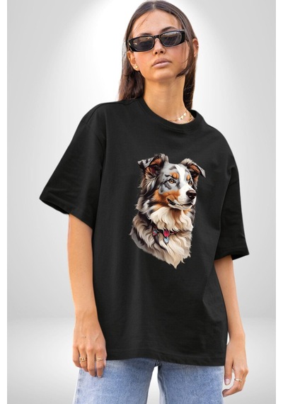 Australian Shepherd Köpek Pamuklu Bisiklet Yaka Unisex Oversize Boyfriend Dijital Baskılı Siyah T-shirt Siyah