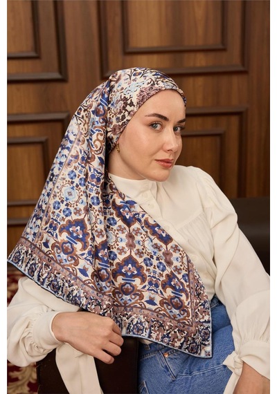 Silk Home Twill İpek Eşarp Krem Lacivert Desenli Tok Duruşlu Kaymaz 90x90 Çok Renkli