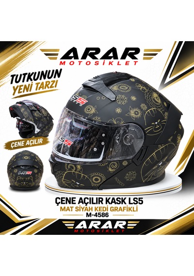 Çene Açılır Kask Ls5 Mat Siyah Kedi Grafikli M-4586 Mat Siyah-gold Sarı