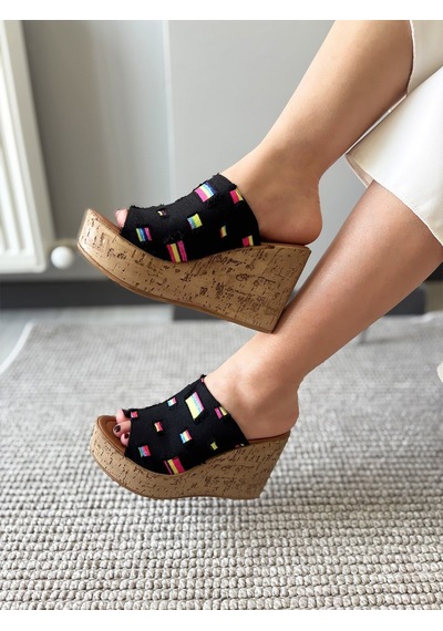 Asmi Shoes Kadın Limo Siyah Kot Dolgulu Mantar Taban Terlik 10 Cm Siyah