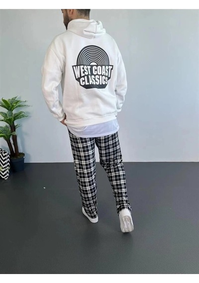Novalisse Erkek 3 İplik Pamuklu Kapüşonlu Baskılı Cepli Oversize Sweatshirt Hoodie - Beyaz Çoklu Renk