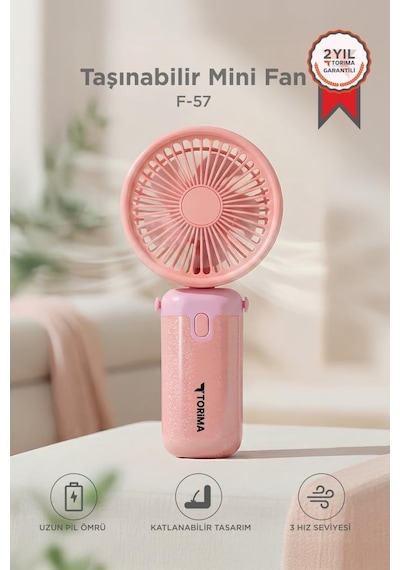 Şarjlı El Vantilatörü Masaüstü Stantlı 3 Kademeli Taşınabilir Mini Fan F57 Pembe