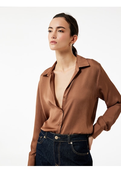 Koton Regular Fit Uzun Kollu Klasik Yaka Saten Gömlek Kahverengi 6wak60049pw Kahve