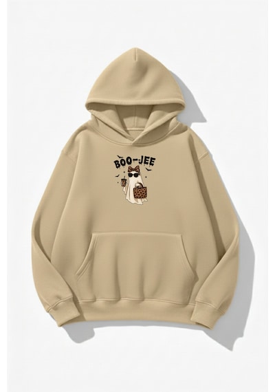 Uyguntarz Unisex Yumuşak Dokulu Boo-jee Ghost Baskılı Tasarım Oversize 3 İplik Hoodie Sweatshirt Bej
