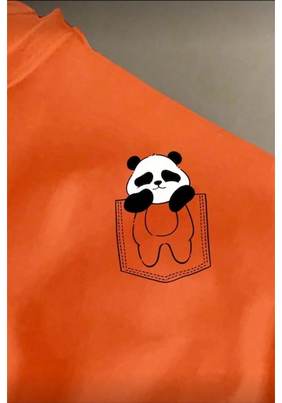 Cepte Panda Baskılı Oversize Unisex Pamuklu Tişört Battal Büyük Beden Tshirt Turuncu