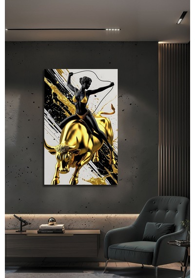 Altın Boğa Ve Modern Kadın Sanat Temalı Dekoratif Lüks Cam Tablo Portre Temalı Dekoratif Duvar Tablosu, Salon Ve Yatak Odası Dekoru,