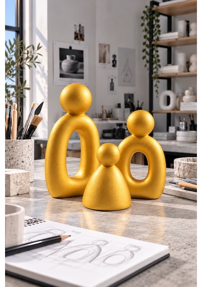3 Lü Gold Set Soyut Aile Figürü Modern Dekoratif Heykel