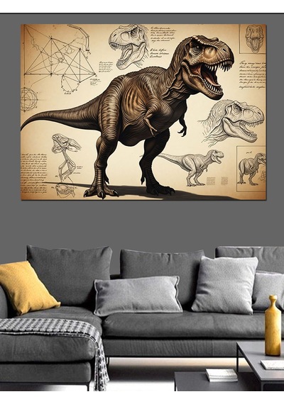 Dinozor T-rex Teknik Çizim Dekoratif Kanvas - Mdf Ahşap Tablo