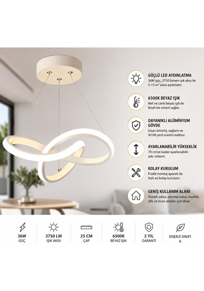Aura Beyaz Ultrapower Led Avize, Modern Sarkıt Tasarım, Alüminyum Gövde, 6500k Beyaz Işık, 36w, 25 Cm Çap, Ayarla Çok Renkli