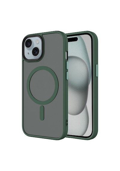 Techaks Apple Uyumlu iPhone 15 Plus Kılıf Mat Arka Yüzey Wireless Şarj Özellikli Tchs Flet M-safe Kapak - Koyu Yeşil Yeşil