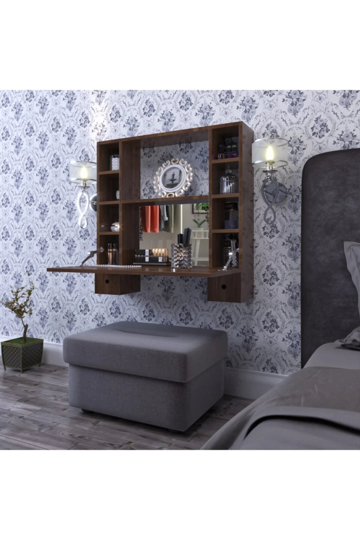 Matmazel Duvara Monte Katlanır Aynalı Makyaj Masası 90x90 Cm, Raflı Duvar Tipi Makyaj Masası Koyu Ceviz Matmazel Duvara Monte Katlanır Aynalı Makyaj Masası 90x90 Cm, Raflı Duvar Tipi Makyaj Masası Koyu Ceviz