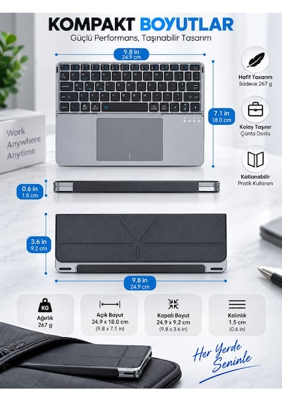 Alüminyum Şarjlı 64 Tuşlu Türkçe Q Klavye Deri Standlı Katlanabilir Bluetooth Dokunmatik Touchpad