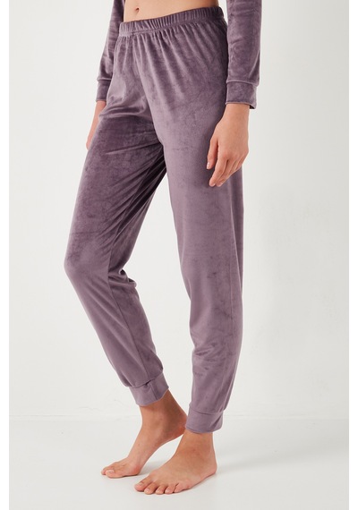Lela Standart Fit Bisiklet Yaka Yumuşak Kadife Bayan Pijama Takımı 6094202 Lila