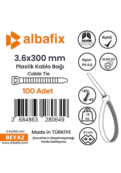 3.6x300 Mm Beyaz Plastik Kablo Bağı Klipsi Cırt Kelepçe 100 Lü Paket 3.6 X 300mm- Beyaz