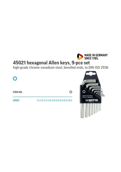 Alman Witte Allen Anahtar Takımı 9 Parça 1 5-10 Mm Alyan Seti