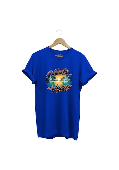 Summer Vibes Baskılı Yazlık Tatil Deniz %100 Pamuk Regular Fit Bisiklet Yaka Mavi T-shirt Mavi