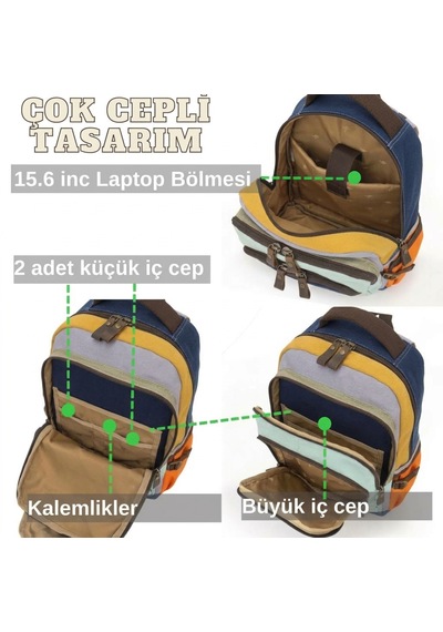 Cappadocia Vintage 4022 Vintage Sırt Çantası, 15.6 İnç Bilgisayar Bölmeli, Geniş Hacimli Hakiki Deri Detaylı Pamuklu Okul Ve Seyahat Çantası Turuncu Sarı Siyah