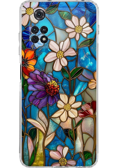 Printify Poco M4 Pro İle Uyumlu Vitray Mavi Bahar Tasarımlı Şeffaf Silikon Kılıf Şeffaf