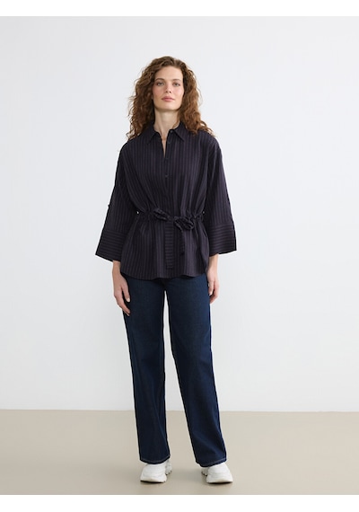Lcw Everyday Lacivert Çizgili Bağlamalı Oversize Kadın Gömlek