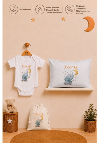 Pia Baby İsme Özel Yenidoğan Erkek Bebek Hediye Seti Organik Baskılı Pamuk Body Yastık Kılıfı Ve Ham Bez Kıyafet Kesesi 2068byk0x Ekru