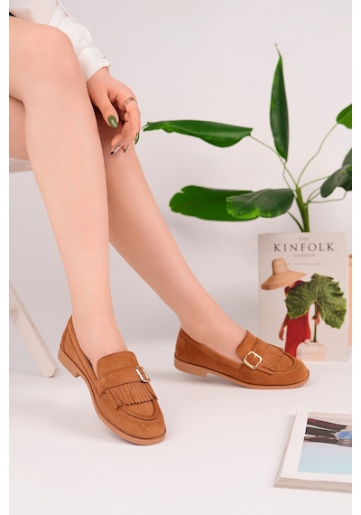 Muggo Tuft Gold Tokalı Püsküllü Süet Kadın Günlük Loafer Ayakkabı Taba