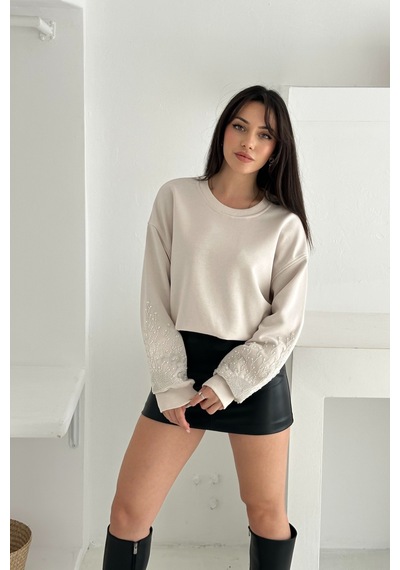 Femelle Bej Kolları Boncuk Ve Taş İşlemeli %100 Pamuk Sweatshirt - Svt10