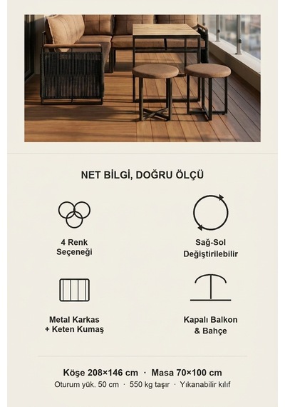 Laguna Köşe Takımı Masa Ve Puflu Bahçe Balkon Köşe Koltuk, Keten, Kahve Antrasit