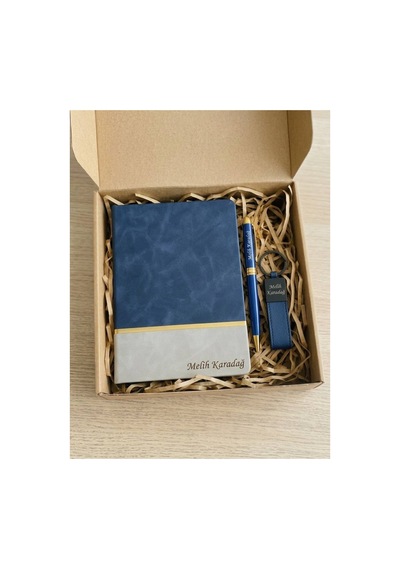 Kişiye Özel Ajanda Set Vıp Defter & Kalem & Anahtarlık Set - Mavi Mavi