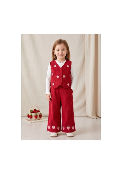 Deniva Kids Kız Çocuk Kırmızı Kadife Yelekli 3'lü Takım Çilek Nakışlı Fitilli Kaşkorse Bluz Ve İspanyol Paça Pantolon Deniva Kids Kız Çocuk Kırmızı Kadife Yelekli 3'lü Takım Çilek Nakışlı Fitilli Kaşkorse Bluz Ve İspanyol Paça Pantolon