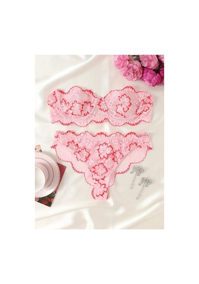 Lilly Dantel Çiçek Desenli Pembe İç Giyim Seti Pembe Pembe