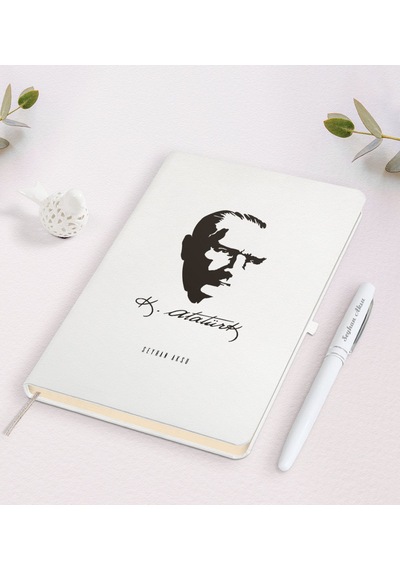 Kişiye Özel Atatürk Temalı Beyaz Defter ve Kalem Seti-23 Beyaz