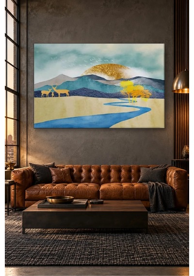 Fida Altın Güneş Ve Mavi Nehir Kıyısında Geyik Ailesi Canvas Tablo Çok Renkli