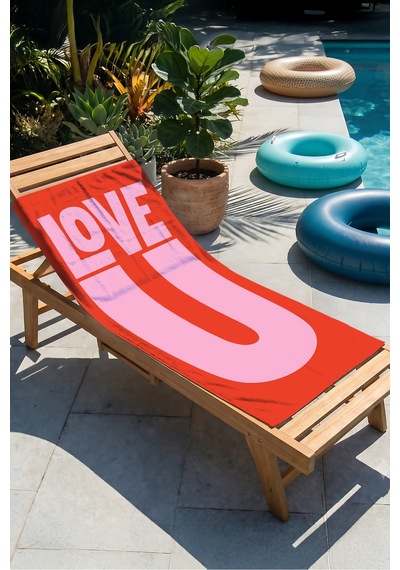 Love Yazılı Modern Plaj Havlusu - Tipografik Kırmızı Pembe Hızlı Kuruyan Havuz Deniz Banyo Havlusu Mat Lavanta
