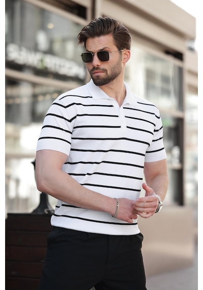 Madmext Beyaz Çizgili Polo Yaka Erkek T-shirt E7405 Beyaz