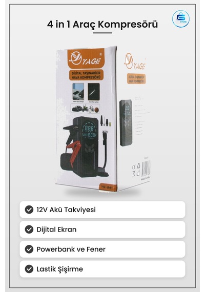 Araç Kompresörü 4 İn 1 Akü Takviyeli 12v Dijital Ekranlı Lastik Ş