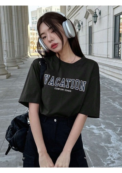 Unisex Siyah Oversize Vacation Baskılı Örme T-shirt Siyah-56856