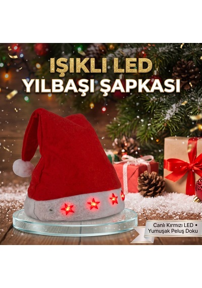Led Işıklı Noel Baba Şapkası Kırmızı Beyaz Peluş, Yıldız Işıklı Yılbaşı Parti Aksesuarı - 9005143003056