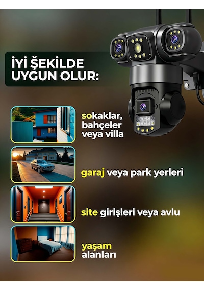 Üçlü Lens 6mp 4g Sım Ptz Dış Mekan Güvenlik Kamerası: 360 Panoramik, 7/24 Kayıt, Hareket Sensörlü Alarm, Gece Görüş, Suya Dayanıklı Gövde