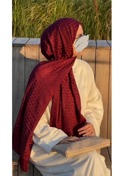 Qalortex Scarf Premium Pamuklu Jakar Şal-bordo