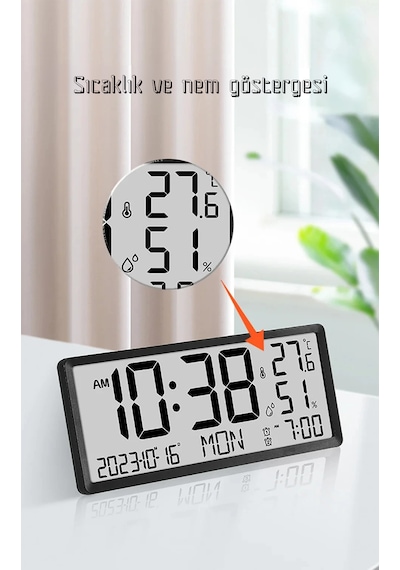 Büyük Lcd Dijital Duvar Masa Saati Sıcaklık Ve Nem Göstergeli Çalar Saat Askılı/masaüstü Dijital