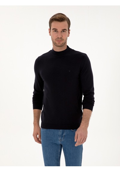 Cacharel Lacivert Slim Fit Pamuk Karışımlı Çeyrek Balıkçı Yaka Basic Triko Kazak