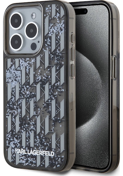 Apple Uyumlu iPhone  15 Pro Max Kılıf Karl Lagerfeld Lisanslı Simli Kl Yazılı Monogram Gradıent Siyah