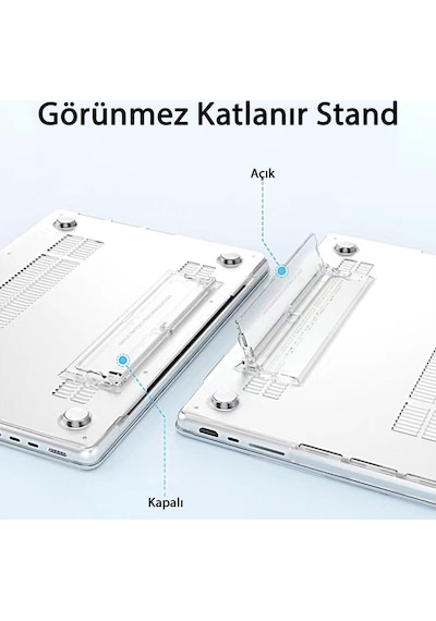 Apple Uyumlu MacBook Air 13.6" M2-m3 Çip 2022/2024 A2681 A3113 Standlı Şeffaf İz Bırakmayan Koruyucu Kapak Şeffaf