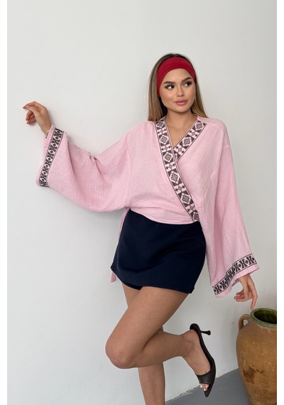 Giysa Kadın Bağlama Detaylı Nakışlı %100 Pamuklu Kimono Pembe - 26y 7014