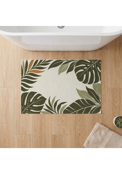 Kartela Halı Botanik Yaprak Desenli Banyo Paspası Zeytin Kaymaz Taban Makinede Yıkanabilir 50x75 Cm Yeşil Zeytin
