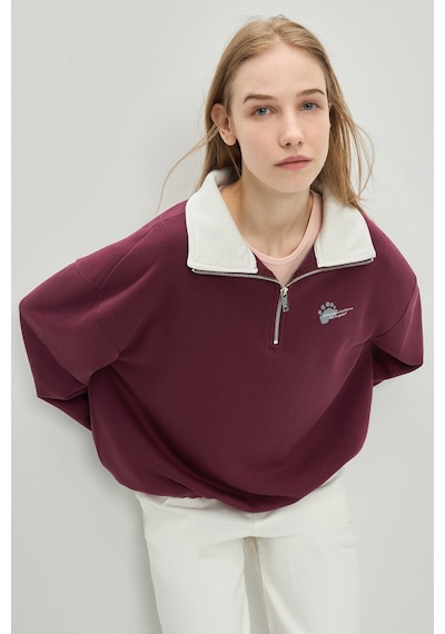 Ucla Yoko Bordo Fermuarlı Baskılı Oversize Fit Kadın Sweatshirt Bordo