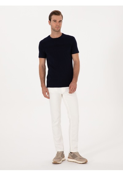 Lacivert Slim Fit %100 Pamuk Bisiklet Yaka Şerit Detaylı T-shirt