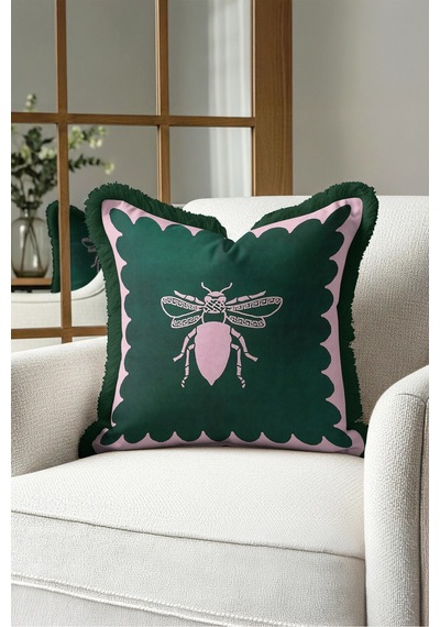 Arı Figürlü Saçaklı Yastık Kılıfı - Elegan Hayvan Temalı Modern Pembe Siyah Püsküllü Kırlent Kılıfı Gri