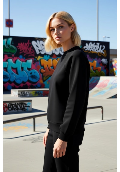 Benerly Kadın Bisiklet Yaka Reglan Kol Düz Örme Sweatshirt Fonksiyonel Da siyah